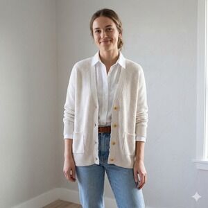 J.Crew Cotton Cashmere Blend Cardigan Sweater Womens Small Ivory Ribbed Preppy